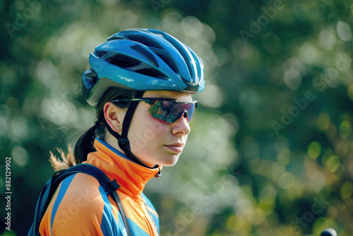 A close-up portrait of a cyclist wearing a blue helmet and reflective sunglasses in a natural outdoor setting with a blurred green background.