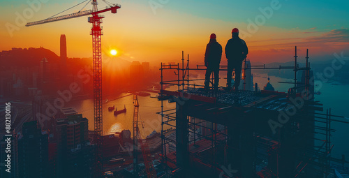 Workers on Construction Site at Sunrise Two construction workers stand on the top of a building under construction at sunrise.