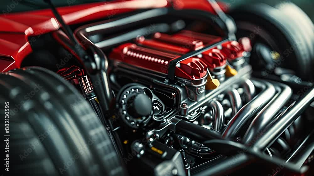 A closeup of the detailed engine bay of a rare sports car model revealing the artful assembly of its internal components and advanced engineering. A closeup of the detailed engine bay of a rare sports car model revealing the artful assembly of its internal components and advanced engineering.