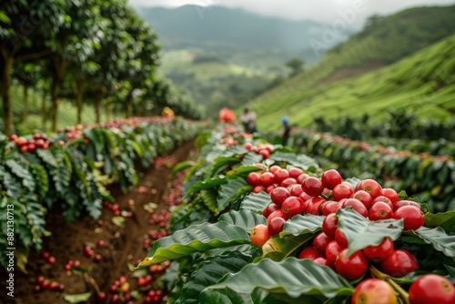 Coffee harvest on a coffee plantation with a beautiful landscape in the background