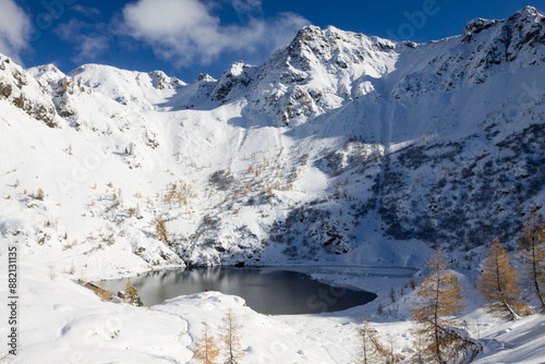 Beautiful small alpine lake in winter season landscape photo