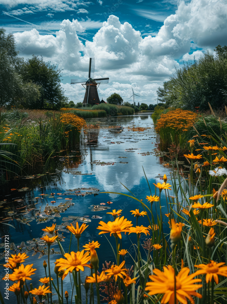 Dutch Windmill Canal With Yellow Flowers A canal with yellow wildflowers in bloom runs beside a Dutch windmill under a partly cloudy blue sky. Dutch Windmill Canal With Yellow Flowers A canal with yellow wildflowers in bloom runs beside a Dutch windmill under a partly cloudy blue sky.