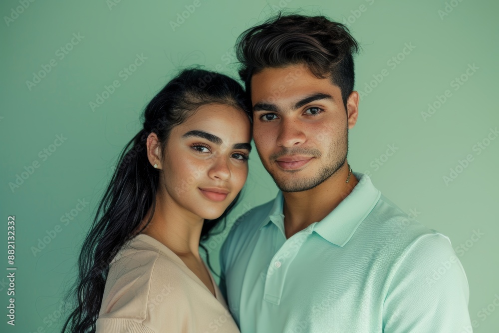Portrait of a blissful latino couple in their 20s donning a classy polo shirt isolated in soft green background Portrait of a blissful latino couple in their 20s donning a classy polo shirt isolated in soft green background