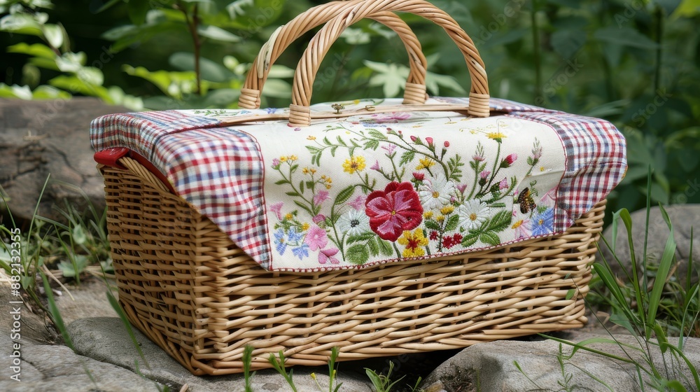 Wicker Picnic Basket with Floral Embroidered Cloth in Natural Outdoor Setting Wicker Picnic Basket with Floral Embroidered Cloth in Natural Outdoor Setting