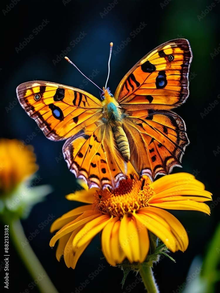 A vibrant and intricate butterfly resting on a flower.AI generation. A vibrant and intricate butterfly resting on a flower.AI generation.