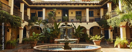 Spanish-style hacienda with a courtyard and tiled fountain.