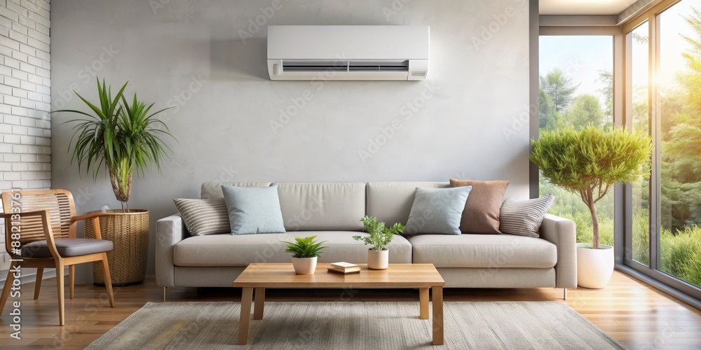 Modern Living Room Interior with White Sofa and AC Unit, Couch, Furniture, Home, Air Conditioner, living room, interior design Modern Living Room Interior with White Sofa and AC Unit, Couch, Furniture, Home, Air Conditioner, living room, interior design