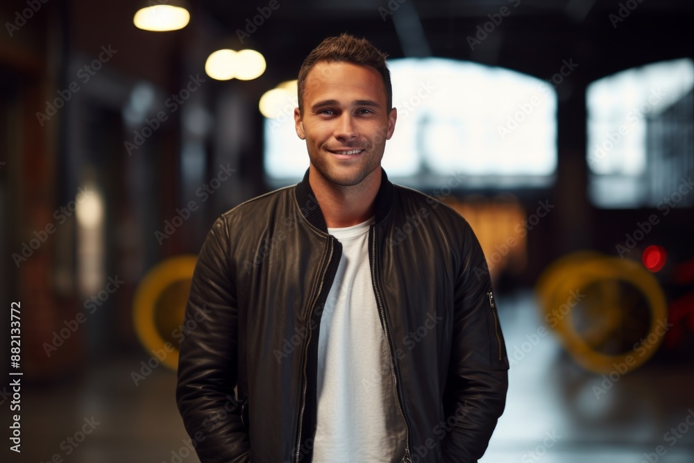 Portrait of a satisfied man in his 30s wearing a trendy bomber jacket over empty modern loft background Portrait of a satisfied man in his 30s wearing a trendy bomber jacket over empty modern loft background
