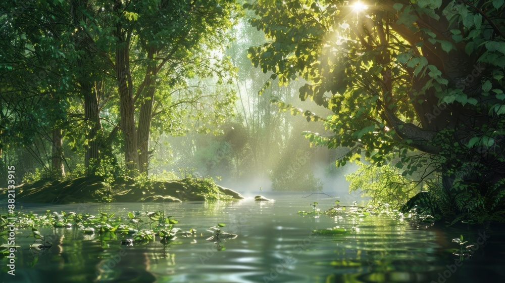 Sunbeams Through Forest Canopy Over Still Water Sunbeams Through Forest Canopy Over Still Water