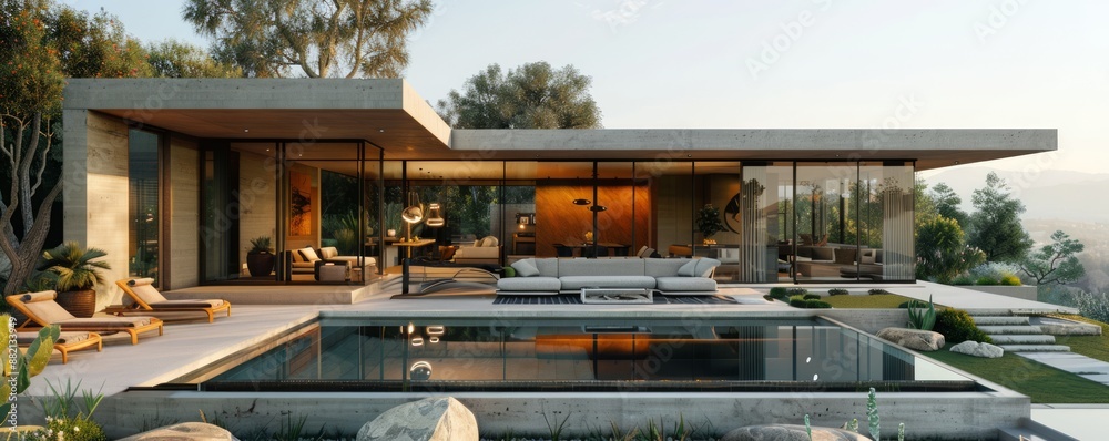 Modern villa with expansive glass walls. Modern villa with expansive glass walls.