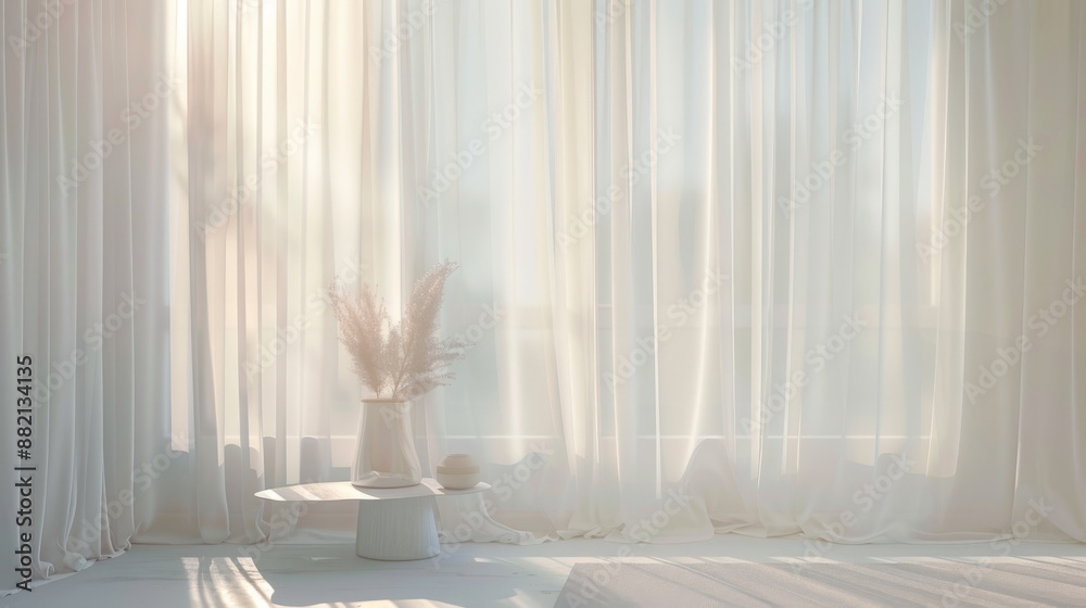 Serene Minimalistic Interior with Soft Natural Light and Elegant White Sheer Curtains