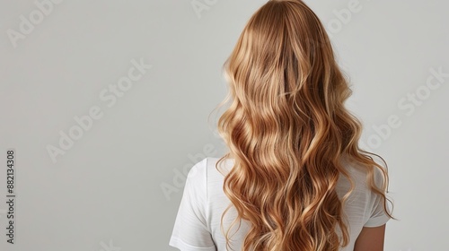 Back View of Woman with Long Wavy Blonde Hair photo