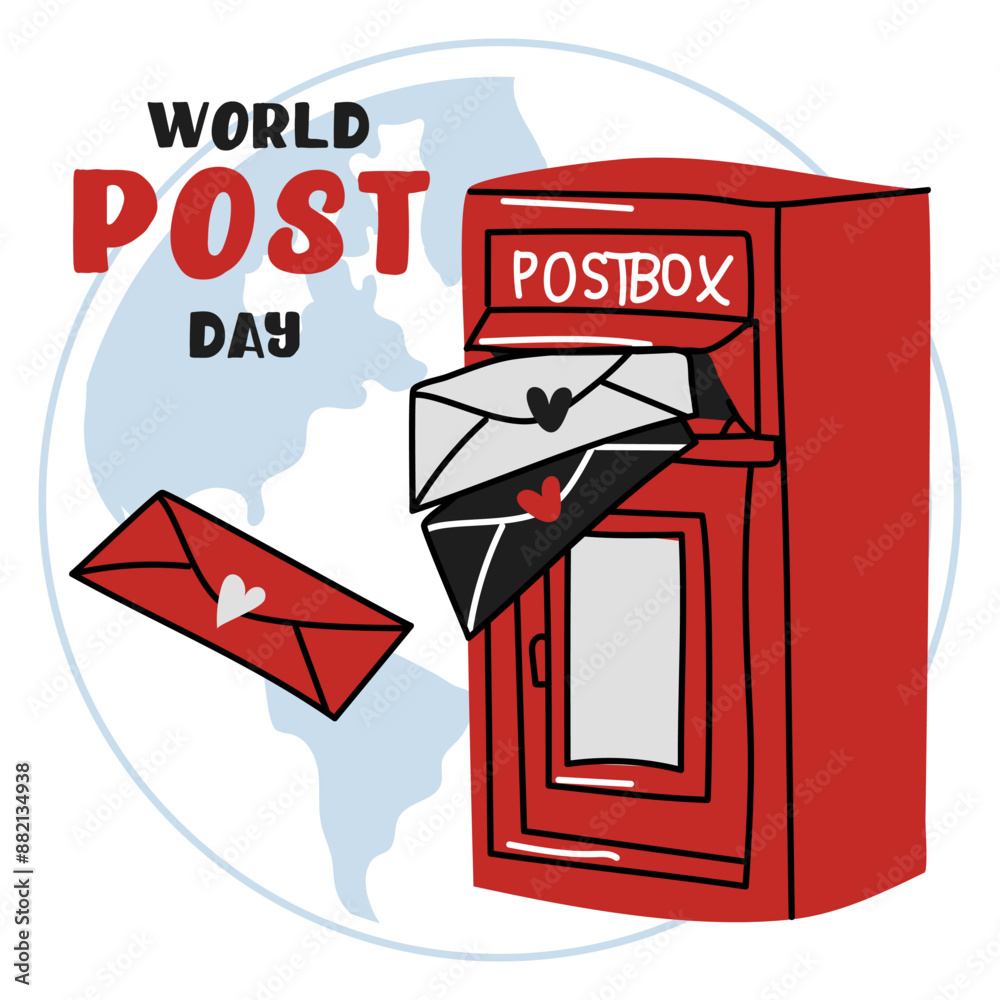 Post Day banner with post box mail box design vector illustration, World Post Day. World Mail Day. Square banner for the holiday. The red mailbox accepts mail, letters, parcels on the earth map, white