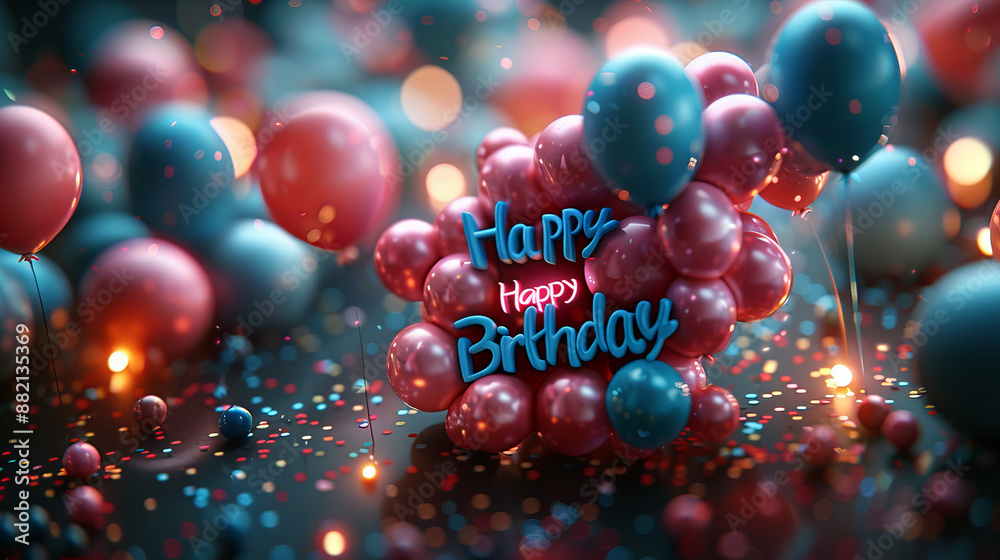 A vibrant close-up of pink and blue balloons with water droplets, featuring a prominent 