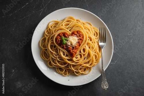 Swirls of cooked spaghetti with fork. Spaghetti heart shape. photo