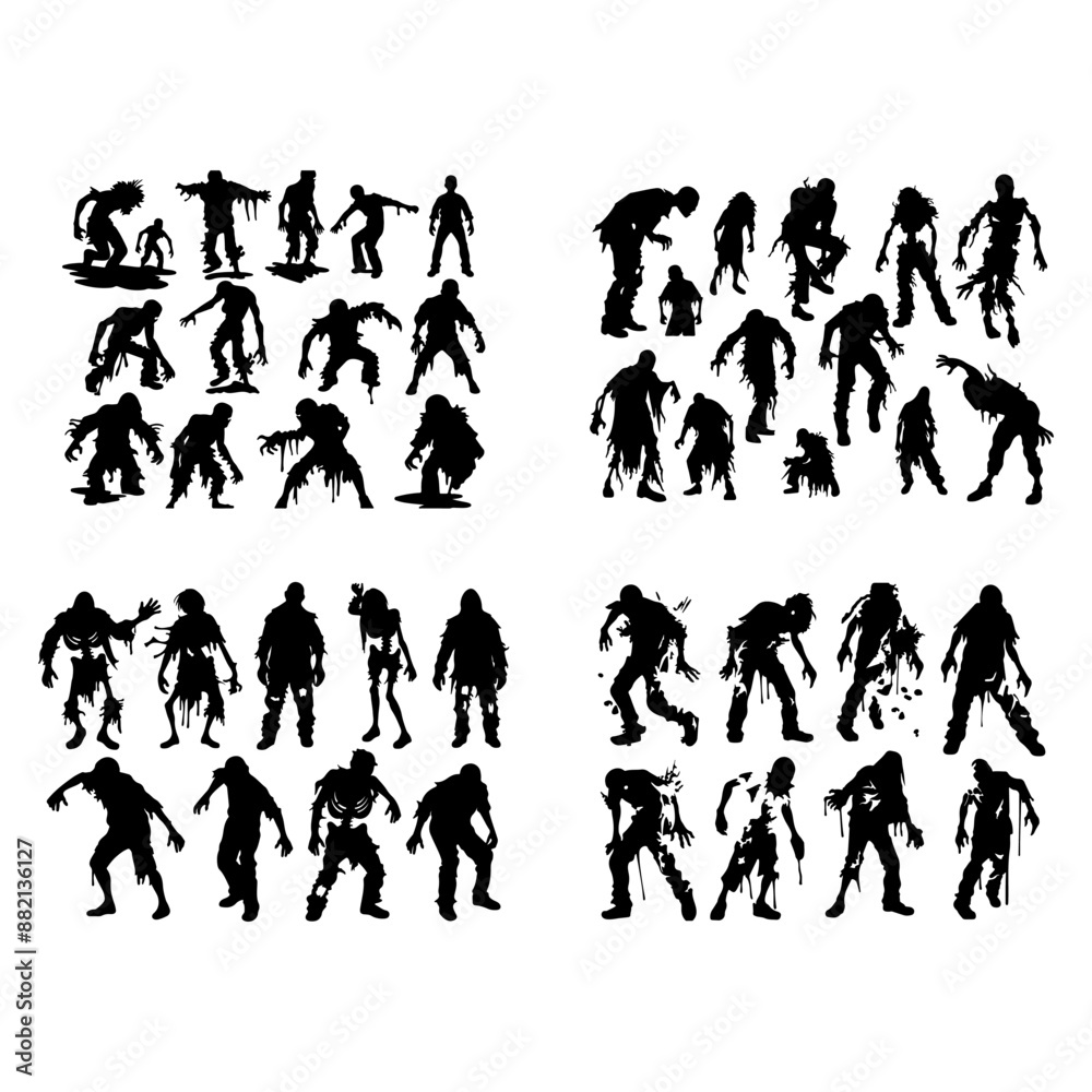 Zombie silhouette vector set isolated on white background, cartoon style Zombie silhouette vector set isolated on white background, cartoon style