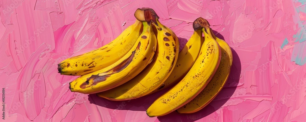 Bunch of ripe bananas with brown spots on pink textured background, showcasing freshness and vibrant colors for food and health concepts. Bunch of ripe bananas with brown spots on pink textured background, showcasing freshness and vibrant colors for food and health concepts.