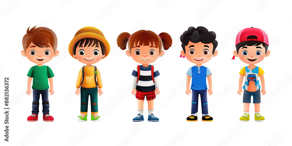 Set of Cartoon Kids Standing in a Row with Different Outfits and Smiling Faces on PNG Cutout Background Set of Cartoon Kids Standing in a Row with Different Outfits and Smiling Faces on PNG Cutout Background