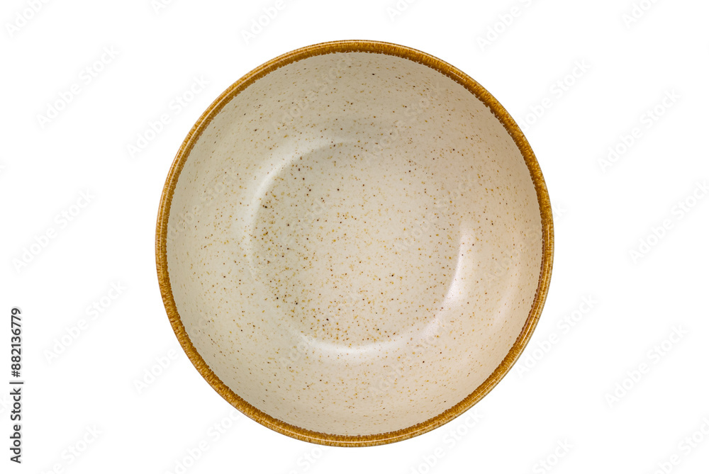 Top view of empty brown ceramic bowl with dark brown edge isolated on white background with clipping path. Top view of empty brown ceramic bowl with dark brown edge isolated on white background with clipping path.