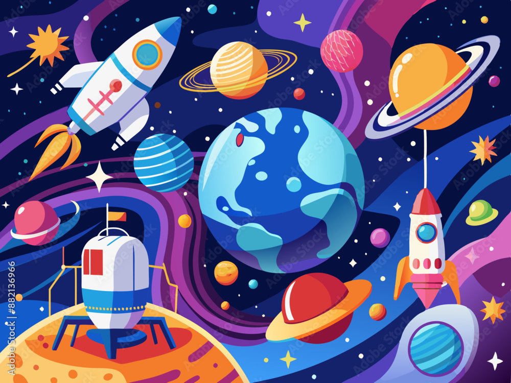Naklejka premium A Comprehensive Guide for Space Enthusiasts and Researchers, Space exploration, space launch, space for your text, fish in the sea, rocket in space