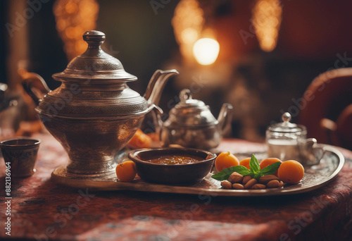 Lamb tagine with apricots and almonds in a traditional Moroccan tagine pot with a glass of Moroccan 