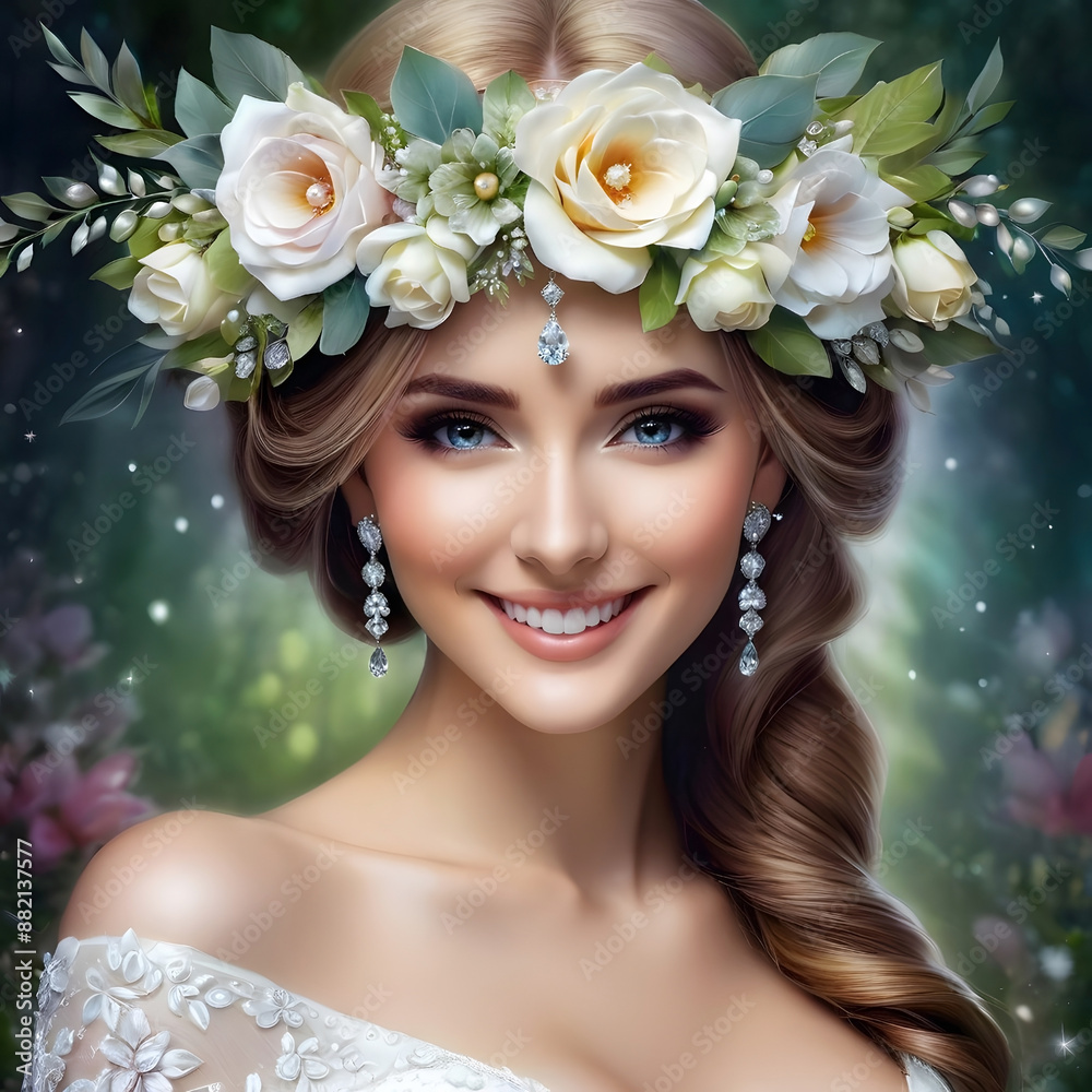 A bride with a wreath of flowers on her head A bride with a wreath of flowers on her head