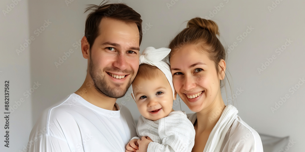 Young Happy Family with Smiling Baby on White Background Young Happy Family with Smiling Baby on White Background