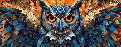 Modern owl with a geometric patterned background