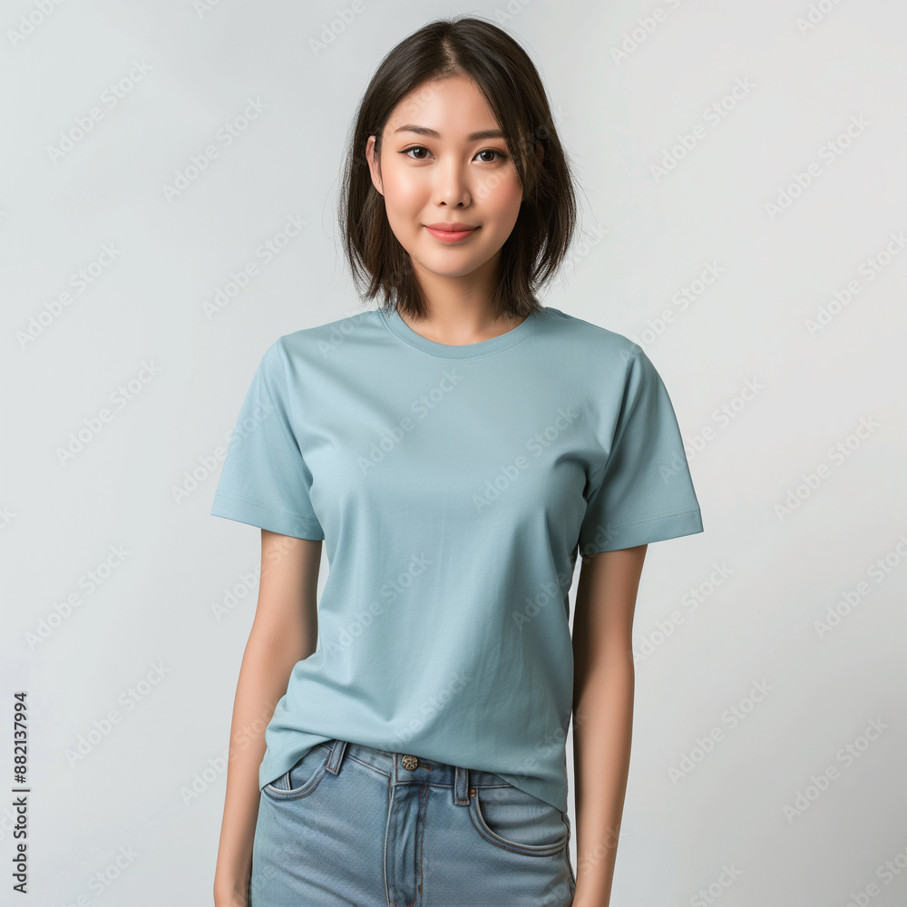 Blue t-shirt mockup showing the front of an Asian female model. ai generates images Blue t-shirt mockup showing the front of an Asian female model. ai generates images