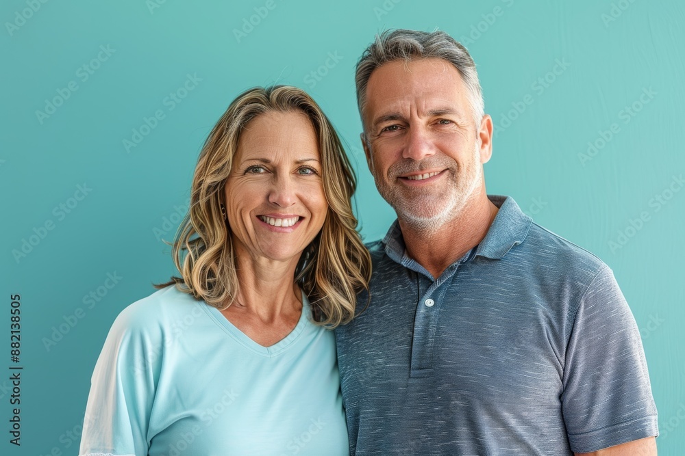 Portrait of a happy caucasian couple in their 30s wearing a breathable golf polo over soft teal background Portrait of a happy caucasian couple in their 30s wearing a breathable golf polo over soft teal background