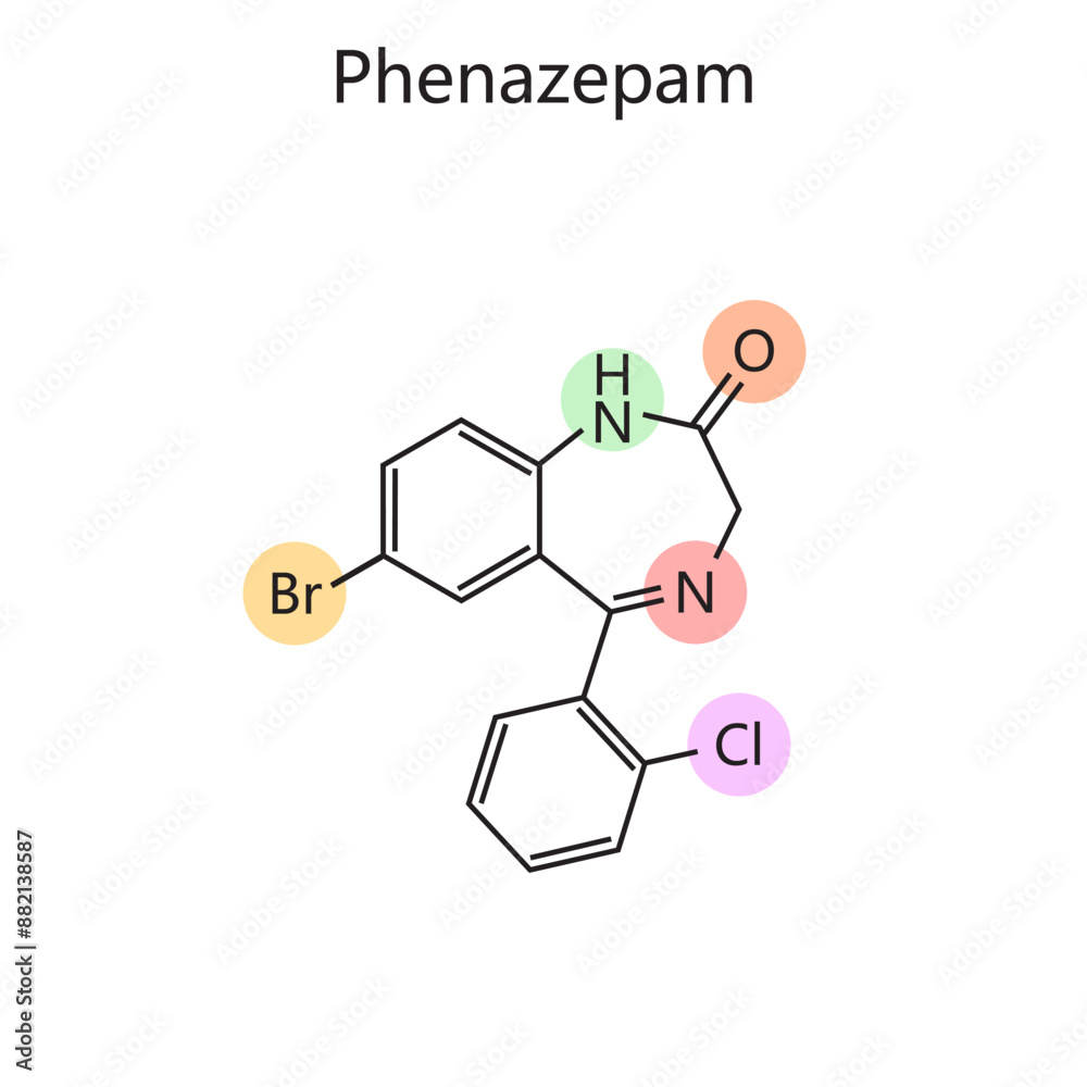 Chemical organic formula of Phenazepam diagram hand drawn schematic vector illustration. Medical science educational illustration Chemical organic formula of Phenazepam diagram hand drawn schematic vector illustration. Medical science educational illustration