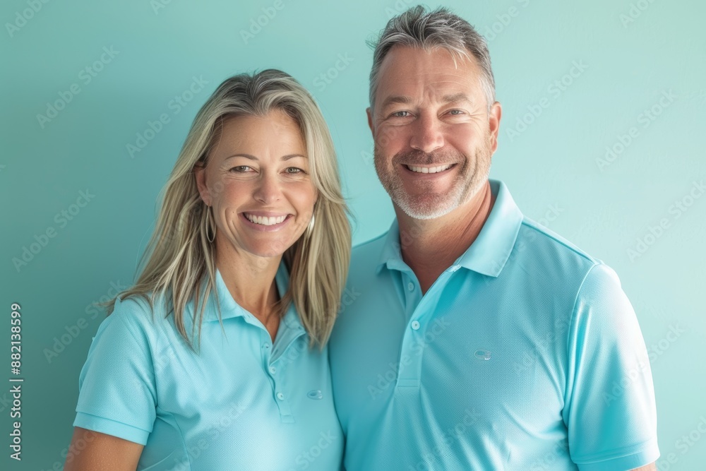 Portrait of a happy caucasian couple in their 30s wearing a breathable golf polo over soft teal background Portrait of a happy caucasian couple in their 30s wearing a breathable golf polo over soft teal background