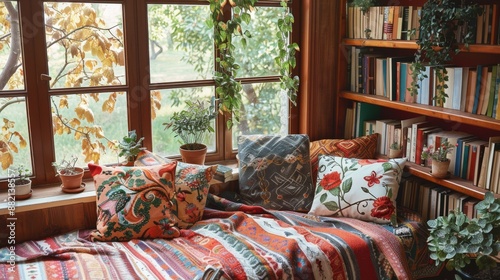 Cozy Reading Nook with Vibrant Cushions by a Sunlit Window in an Autumn-Themed Room © Oleg