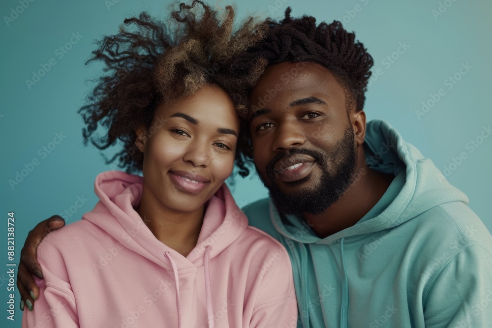 Portrait of a blissful afro-american couple in their 40s sporting a comfortable hoodie in front of soft teal background Portrait of a blissful afro-american couple in their 40s sporting a comfortable hoodie in front of soft teal background