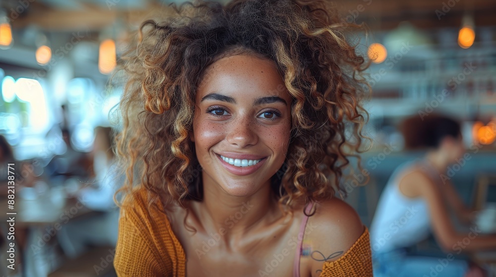 Fototapeta premium Group of Young People Laughing and Smiling While Working on Laptops in an Office, Drinking Coffee at the Counter, Woman with Curly Hair in Casual Wear, Natural Light, Cinematic Look, Photorealistic