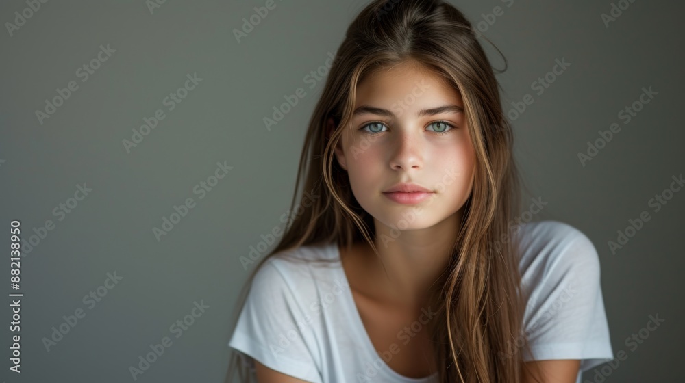 Obraz premium Beautiful girl, captured with soft lighting and a neutral background
