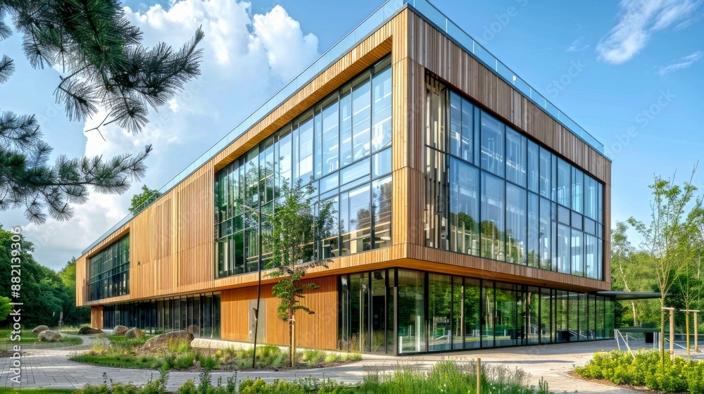 Modern eco-friendly office building with large glass windows and natural wood exterior. Contemporary architectural style. Ideal for corporate use and commercial developments. AI Modern eco-friendly office building with large glass windows and natural wood exterior. Contemporary architectural style. Ideal for corporate use and commercial developments. AI