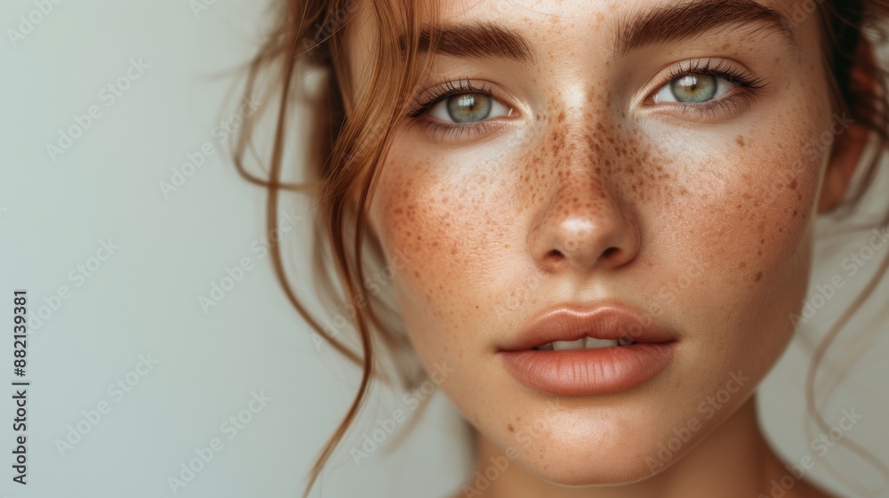 Young beautiful woman with perfect skin and freckles, wearing soft make-up, captured with natural lighting and a neutral background Young beautiful woman with perfect skin and freckles, wearing soft make-up, captured with natural lighting and a neutral background