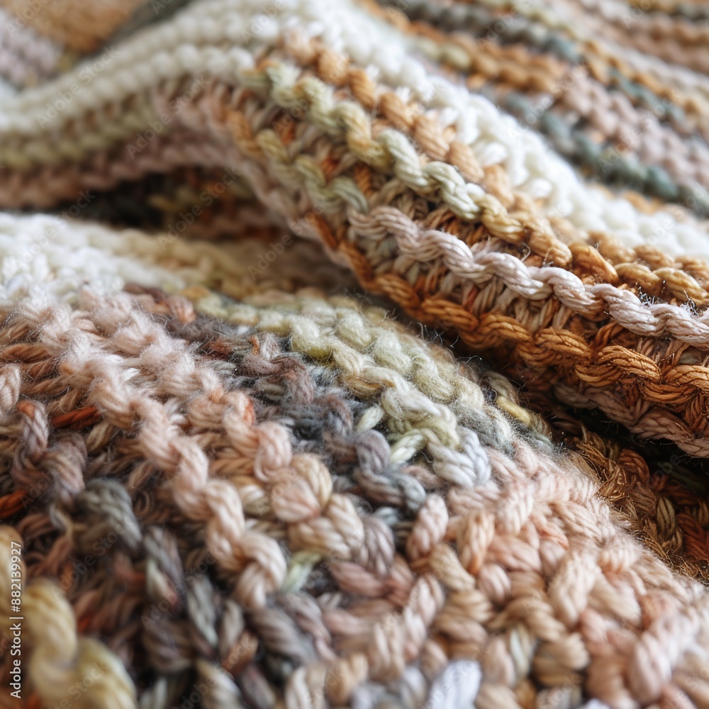 Close-Up of Multicolored Knitted Wool Blanket Showing Detailed Texture and Warm, Earthy Tones Close-Up of Multicolored Knitted Wool Blanket Showing Detailed Texture and Warm, Earthy Tones