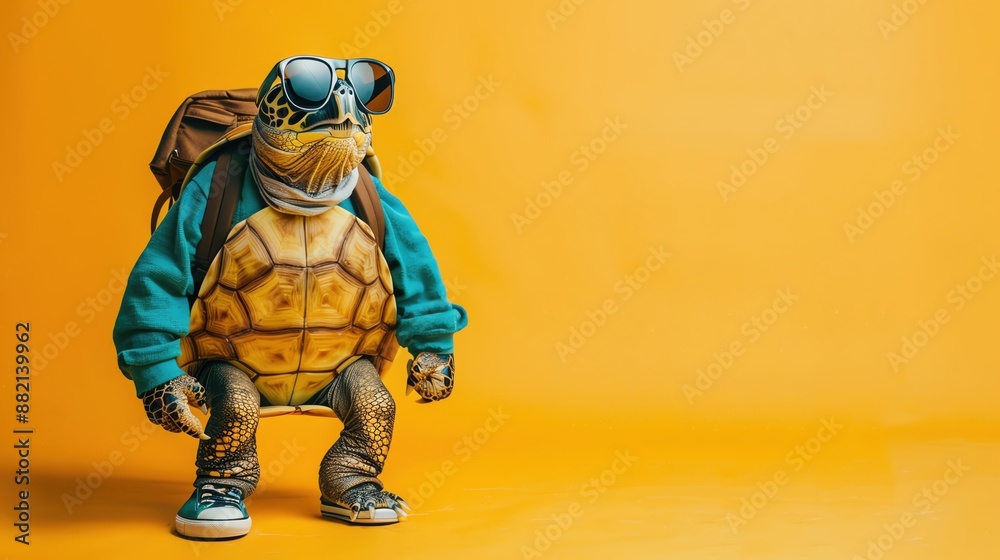 Trendy turtle with a backpack and sneakers against a plain background Trendy turtle with a backpack and sneakers against a plain background