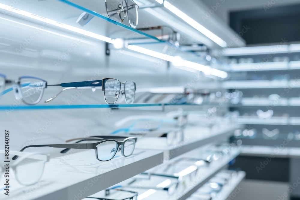 Various eyeglasses on display shelves in an optician's store. Selective focus.