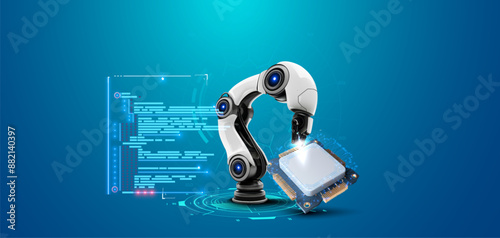 AI Robot or cyborg and Microchip Technology, Automation. Isolated Vector Robotic Arm with Digital Circuit Connections, Symbolizing Innovation, and Advanced Engineering Concepts for Tech Projects.