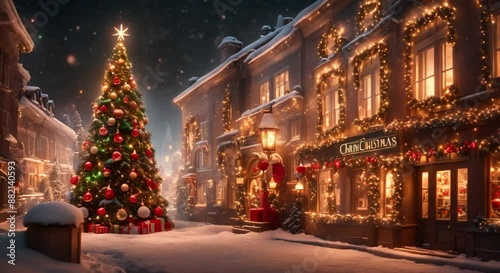 A Christmas tree is lit up in a snowy town square. The street is lined with shops and a sign for a store called 