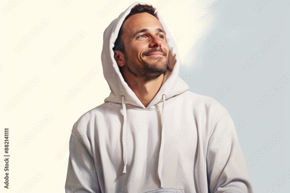 Portrait of a blissful man in his 30s sporting a comfortable hoodie over plain white digital canvas Portrait of a blissful man in his 30s sporting a comfortable hoodie over plain white digital canvas