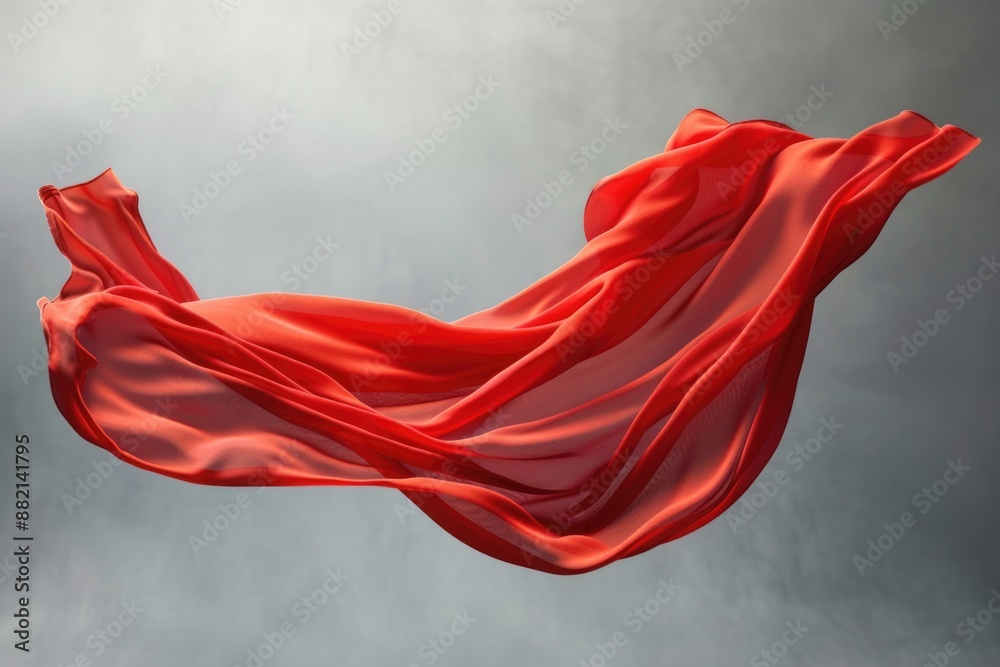 A woman in a bright red dress is suspended in mid-air, with her arms and legs outstretched A woman in a bright red dress is suspended in mid-air, with her arms and legs outstretched