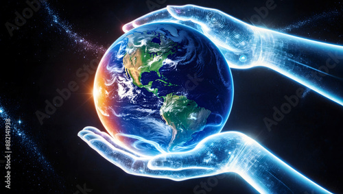 hands representing artificial intelligence hold the planet earth	