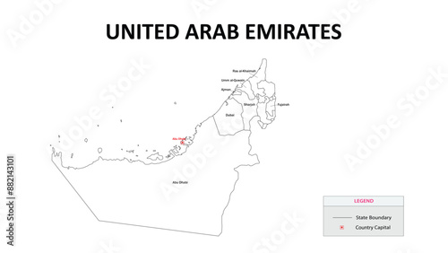 United Arab Emirates Map. State map of United Arab Emirates. State map of United Arab Emirates in colour with capital.