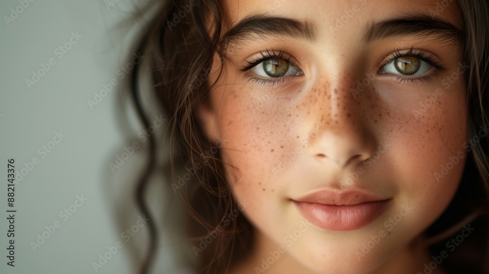 Close-up portrait of a beautiful girl, capturing her delicate features and natural expression with soft lighting and a neutral background Close-up portrait of a beautiful girl, capturing her delicate features and natural expression with soft lighting and a neutral background