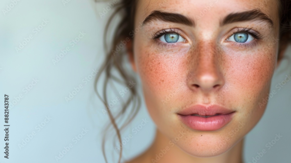 Fototapeta premium Woman with natural make-up, showcasing her fresh and radiant complexion with soft lighting and a simple backdrop