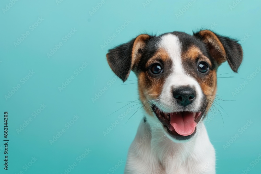 Happy puppy dog smiling on isolated light solid color background Happy puppy dog smiling on isolated light solid color background